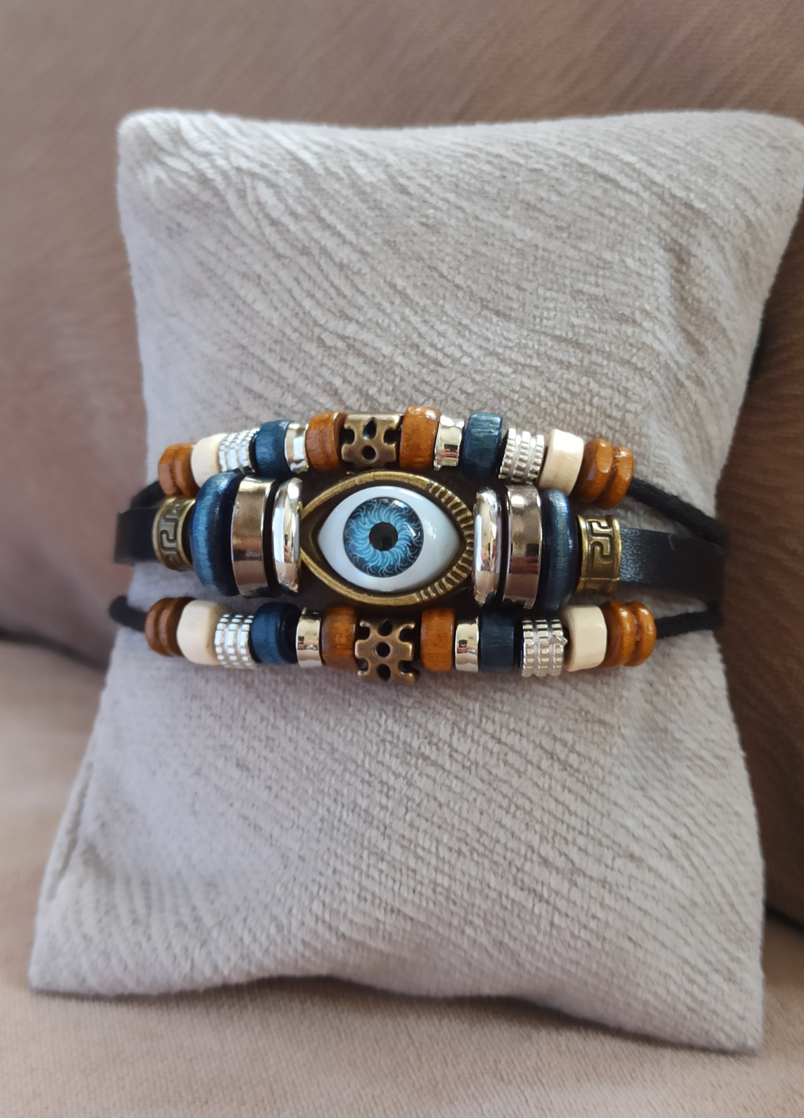 Göz Figürlü Otantik Deri Bileklik -Siyah - Görsel 3