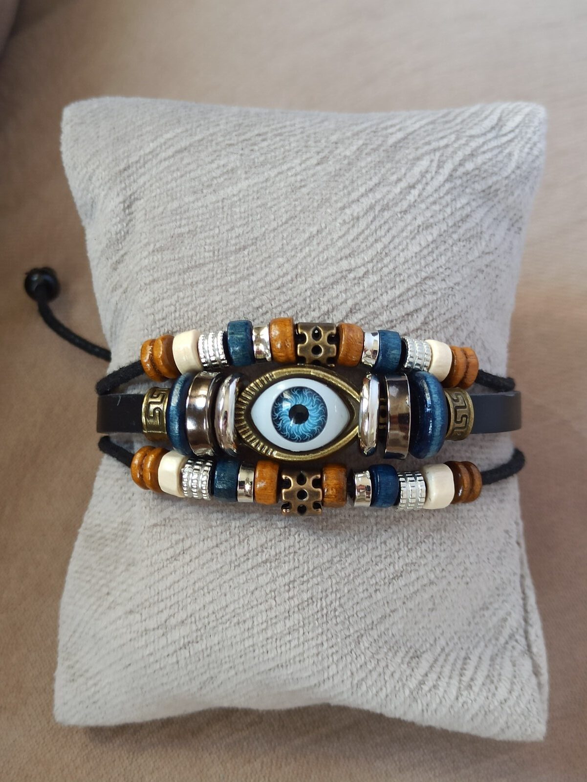 Göz Figürlü Otantik Deri Bileklik -Siyah - Görsel 2